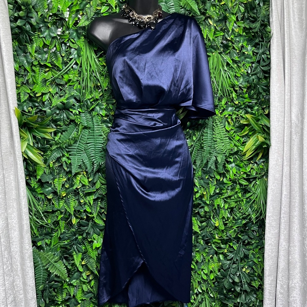 CUPSHE Dress Medium Navy Blue One Shoulder Ruched Midi Cocktail Party 3302‎ - Picture 3 of 11